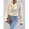 imageMakeMeChic Womens Casual Cowl Neck Draped Ruffle Trim Lantern Long Sleeve Satin Blouse Shirt TopsApricot