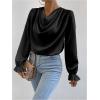 imageMakeMeChic Womens Casual Cowl Neck Draped Ruffle Trim Lantern Long Sleeve Satin Blouse Shirt TopsBlack