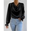 imageMakeMeChic Womens Casual Cowl Neck Draped Ruffle Trim Lantern Long Sleeve Satin Blouse Shirt TopsBlack