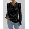 imageMakeMeChic Womens Casual Cowl Neck Draped Ruffle Trim Lantern Long Sleeve Satin Blouse Shirt TopsBlack