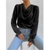 imageMakeMeChic Womens Casual Cowl Neck Draped Ruffle Trim Lantern Long Sleeve Satin Blouse Shirt TopsBlack