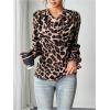 imageMakeMeChic Womens Casual Cowl Neck Draped Ruffle Trim Lantern Long Sleeve Satin Blouse Shirt TopsBrown