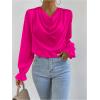 imageMakeMeChic Womens Casual Cowl Neck Draped Ruffle Trim Lantern Long Sleeve Satin Blouse Shirt TopsHot Pink
