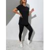 imageMakeMeChic Womens Casual Solid 2 Piece Short Sleeve Split Hem Tee Tops and Skinny Pants Leggings SetBlack