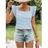 imageMakeMeChic Womens Gingham Print Blouse Top Square Neck Ruffle Short Sleeve Boho Casual ShirtsBlue