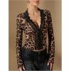 imageMakeMeChic Womens Leopard Print Lace V Neck Scallop Trim Long Sleeve Blouse Shirt TopsKhaki