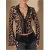 imageMakeMeChic Womens Leopard Print Lace V Neck Scallop Trim Long Sleeve Blouse Shirt TopsKhaki
