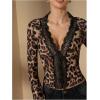 imageMakeMeChic Womens Leopard Print Lace V Neck Scallop Trim Long Sleeve Blouse Shirt TopsKhaki