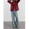 imageMakeMeChic Womens Long Sleeve Mesh Sheer Collared Button Down Shirts Blouse TopsBurgundy