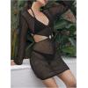 imageMakeMeChic Womens Long Sleeve V Neck Cut Out Summer Beach Cover Up DressBlack