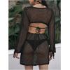 imageMakeMeChic Womens Long Sleeve V Neck Cut Out Summer Beach Cover Up DressBlack