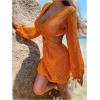 imageMakeMeChic Womens Long Sleeve V Neck Cut Out Summer Beach Cover Up DressCoral Orange