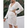 imageMakeMeChic Womens Long Sleeve V Neck Cut Out Summer Beach Cover Up DressWhite