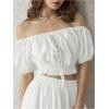 imageMakeMeChic Womens Off The Shoulder Crop Tops Puff Sleeve Lace Up Ruffle Retro BlouseWhite