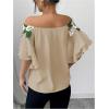 imageMakeMeChic Womens Off The Shoulder Top Tassel Textured Blouse Boho Ruffle Tiered Short Sleeve ShirtsKhaki