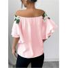 imageMakeMeChic Womens Off The Shoulder Top Tassel Textured Blouse Boho Ruffle Tiered Short Sleeve ShirtsPink