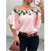imageMakeMeChic Womens Off The Shoulder Top Tassel Textured Blouse Boho Ruffle Tiered Short Sleeve ShirtsPink