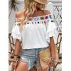imageMakeMeChic Womens Off The Shoulder Top Tassel Textured Blouse Boho Ruffle Tiered Short Sleeve ShirtsWhite