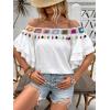 imageMakeMeChic Womens Off The Shoulder Top Tassel Textured Blouse Boho Ruffle Tiered Short Sleeve ShirtsWhite