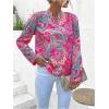 imageMakeMeChic Womens Paisley Print Notched Neck Shirts Roll Up Long Sleeve Boho Blouse TopsPink