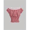 imageMakeMeChic Womens Plaid Print Cap Sleeve Blouse Gingham Tops Lace Trim Bow Knot Shirred Summer ShirtsRed and White