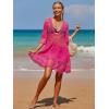 imageMakeMeChic Womens Short Sleeve Plunging Beach Cover Up Dress Swimsuit Cover UpHot Pink Solid