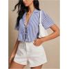 imageMakeMeChic Womens Striped Crop Top Short Sleeve Tie Front V Neck Blouse Collar Casual ShirtBlue and White