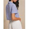 imageMakeMeChic Womens Striped Crop Top Short Sleeve Tie Front V Neck Blouse Collar Casual ShirtBlue and White