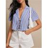 imageMakeMeChic Womens Striped Crop Top Short Sleeve Tie Front V Neck Blouse Collar Casual ShirtBlue and White