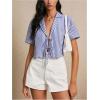 imageMakeMeChic Womens Striped Crop Top Short Sleeve Tie Front V Neck Blouse Collar Casual ShirtBlue and White