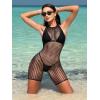 imageMakeMeChic Womens Swim Beach Cover Up Tie Back Halter Sheer Fishnet Cover Up RomperBlack
