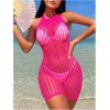 imageMakeMeChic Womens Swim Beach Cover Up Tie Back Halter Sheer Fishnet Cover Up RomperHot Pink
