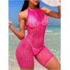 imageMakeMeChic Womens Swim Beach Cover Up Tie Back Halter Sheer Fishnet Cover Up RomperHot Pink