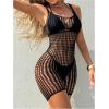 imageMakeMeChic Womens Swim Beach Cover Up Tie Back Halter Sheer Fishnet Cover Up RomperSolid Black