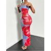 imageMakeMeChic Womens Two Piece Outfit Floral Strapless Bandeau Crop Tops and Bodycon Maxi Skirt SetDusty Blue