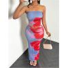 imageMakeMeChic Womens Two Piece Outfit Floral Strapless Bandeau Crop Tops and Bodycon Maxi Skirt SetDusty Blue
