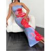 imageMakeMeChic Womens Two Piece Outfit Floral Strapless Bandeau Crop Tops and Bodycon Maxi Skirt SetDusty Blue