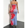 imageMakeMeChic Womens Two Piece Outfit Floral Strapless Bandeau Crop Tops and Bodycon Maxi Skirt SetDusty Blue