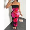imageMakeMeChic Womens Two Piece Outfit Floral Strapless Bandeau Crop Tops and Bodycon Maxi Skirt SetHot Pink