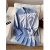 imageMakeMeChic Womens Two Piece Outfit Striped Button Down Shirt and Pleated Skirt Matching SetBlue B