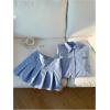imageMakeMeChic Womens Two Piece Outfit Striped Button Down Shirt and Pleated Skirt Matching SetBlue B