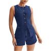 imageMakeMeChic Womens 2 Piece Outfit Button Round Neck Sleeveless Denim Blazer Vests and Shorts SetBlue