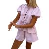 imageMakeMeChic Womens 2 Piece Pajamas Set Striped Gingham Puff Sleeve Tie Shirt and Shorts Lounge SetMulticolor