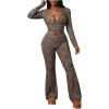 imageMakeMeChic Womens 2 Piece Y2k Outfit Leopard Print V Neck Crop Tops Bell Bottom Pants SetBrown