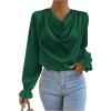 imageMakeMeChic Womens Casual Cowl Neck Draped Ruffle Trim Lantern Long Sleeve Satin Blouse Shirt TopsGreen