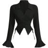 imageMakeMeChic Womens Flared Sleeve Tie Side Ruched Asymmetrical Hem Button Down Shirt BlousesBlack