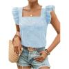 imageMakeMeChic Womens Gingham Print Blouse Top Square Neck Ruffle Short Sleeve Boho Casual ShirtsBlue