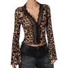 imageMakeMeChic Womens Leopard Print Lace V Neck Scallop Trim Long Sleeve Blouse Shirt TopsKhaki