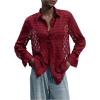 imageMakeMeChic Womens Long Sleeve Mesh Sheer Collared Button Down Shirts Blouse TopsBurgundy