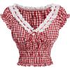 imageMakeMeChic Womens Plaid Print Cap Sleeve Blouse Gingham Tops Lace Trim Bow Knot Shirred Summer ShirtsRed and White